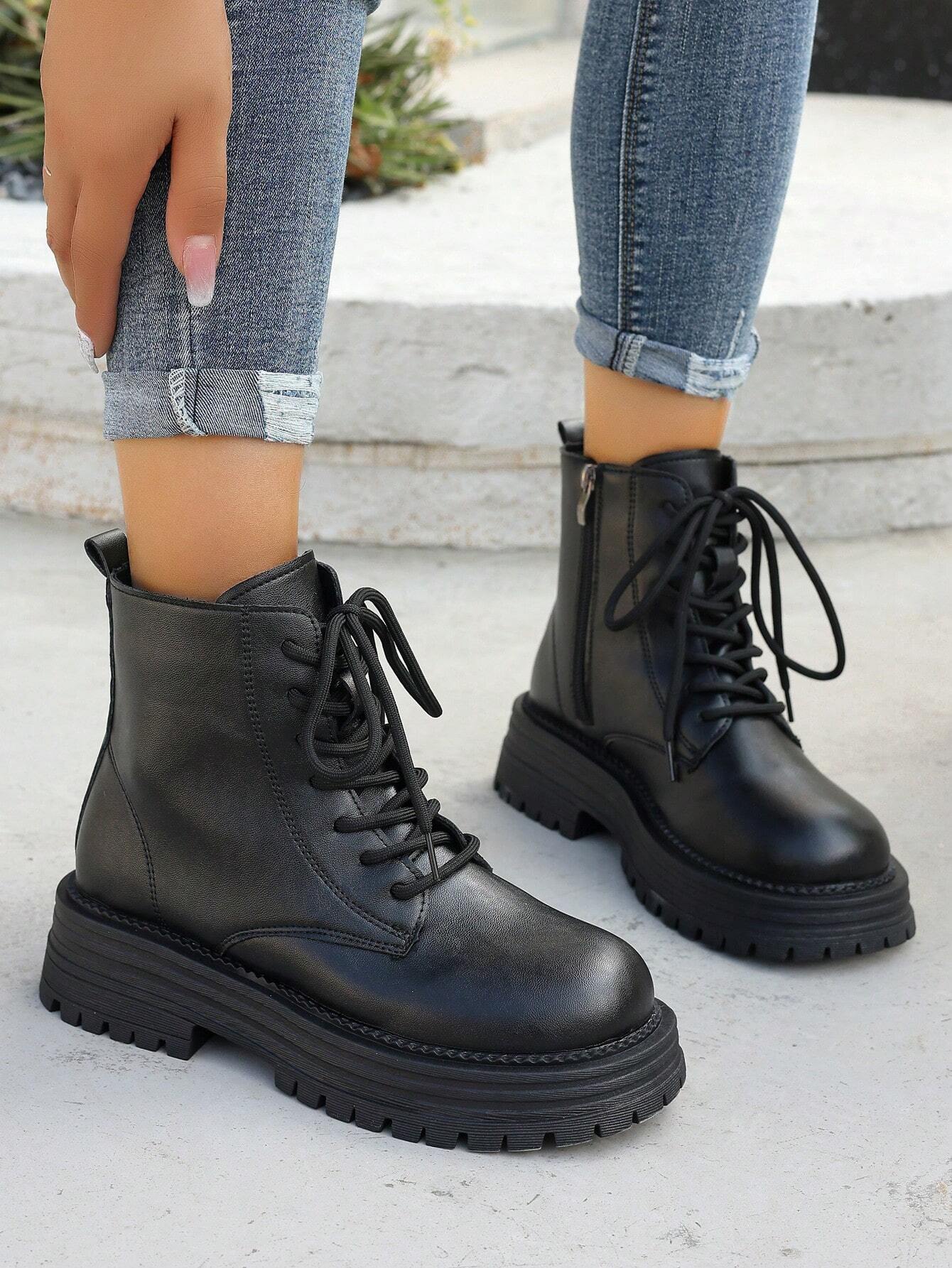 Women's Thick Sole Casual Boots Autumn & Winter New Platform Lace-Up Side Zipper Round Toe Anti-Slip Short Boots shein