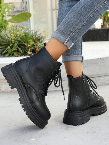 Women's Thick Sole Casual Boots Autumn & Winter New Platform Lace-Up Side Zipper Round Toe Anti-Slip Short Boots shein