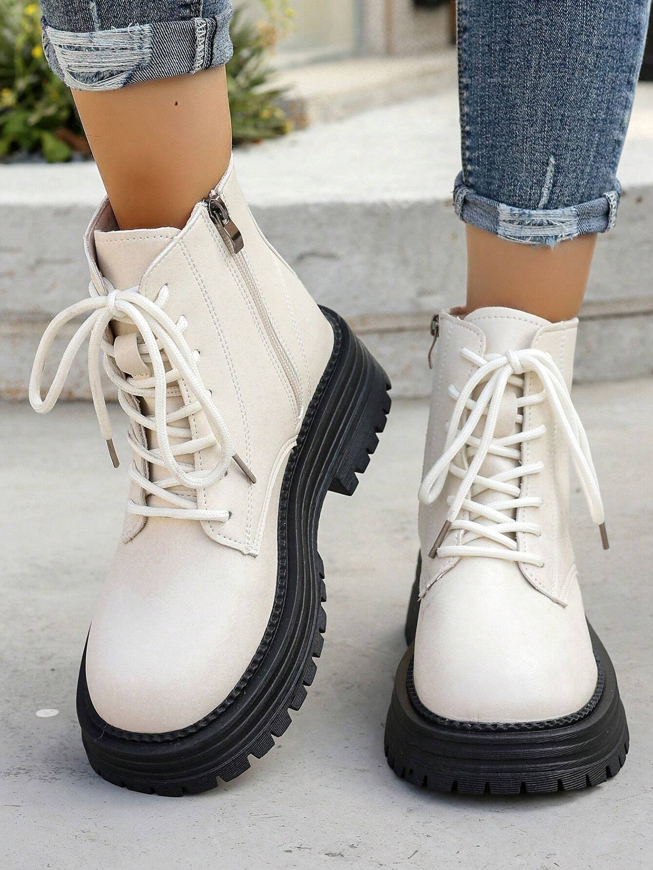 Women's Thick Sole Casual Boots Autumn & Winter New Platform Lace-Up Side Zipper Round Toe Anti-Slip Short Boots shein