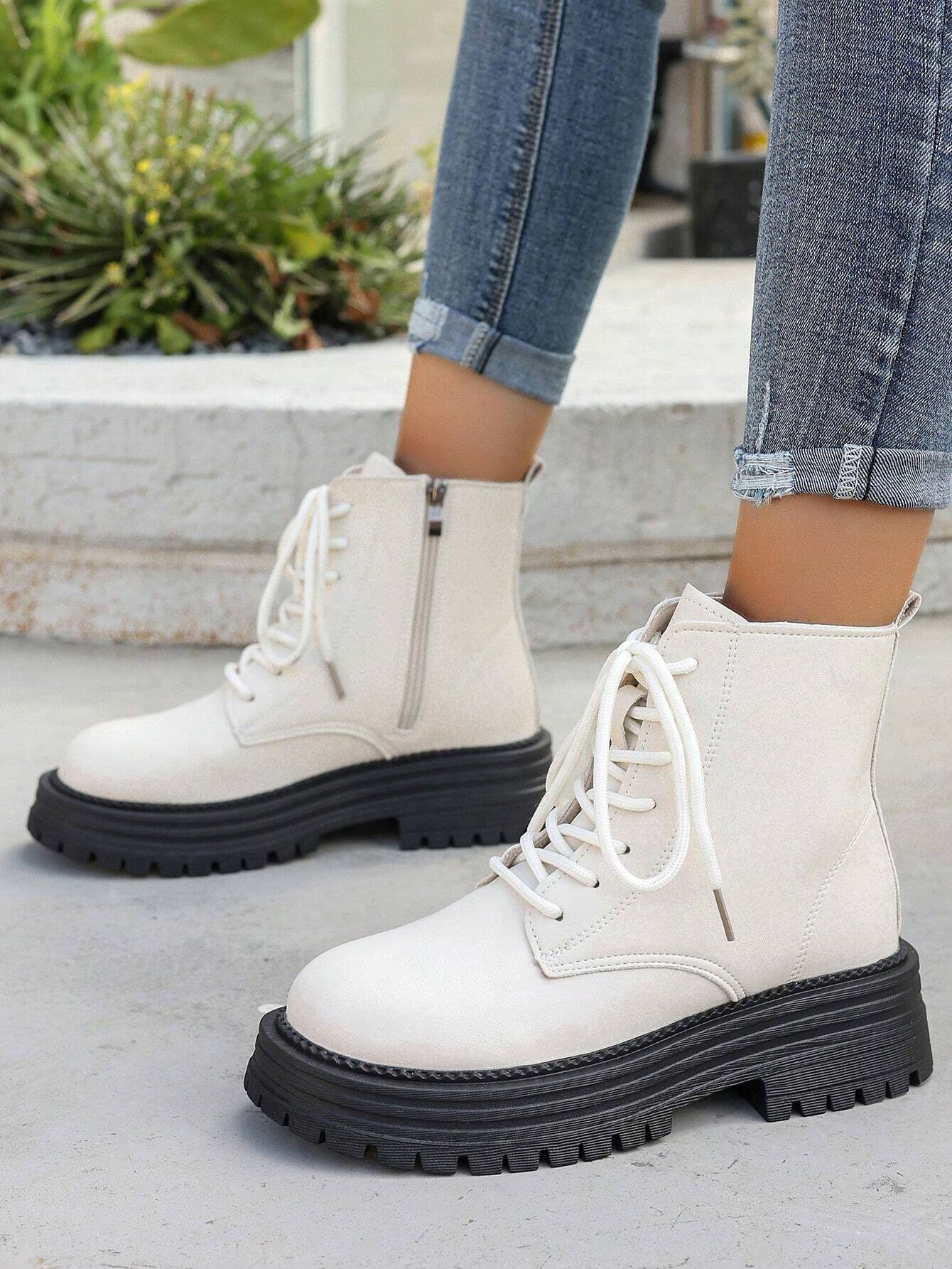 Women's Thick Sole Casual Boots Autumn & Winter New Platform Lace-Up Side Zipper Round Toe Anti-Slip Short Boots shein