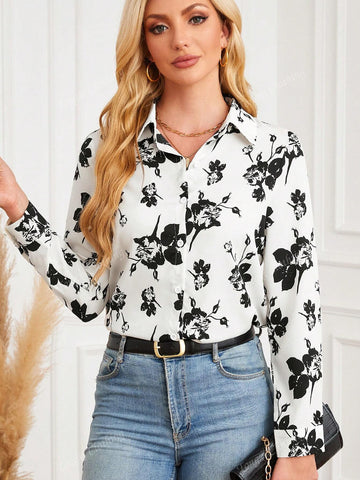 Women's Casual Floral All-Over Print Shirt shein