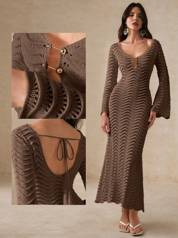 AZ Solid Color Knitted Hollow Out Wave Shaped Flare Sleeve dress shein