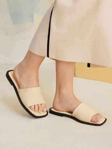 MOTF PREMIUM SQUARE TOE MINIMALIST TWO TONE MULE FLAT SANDALS