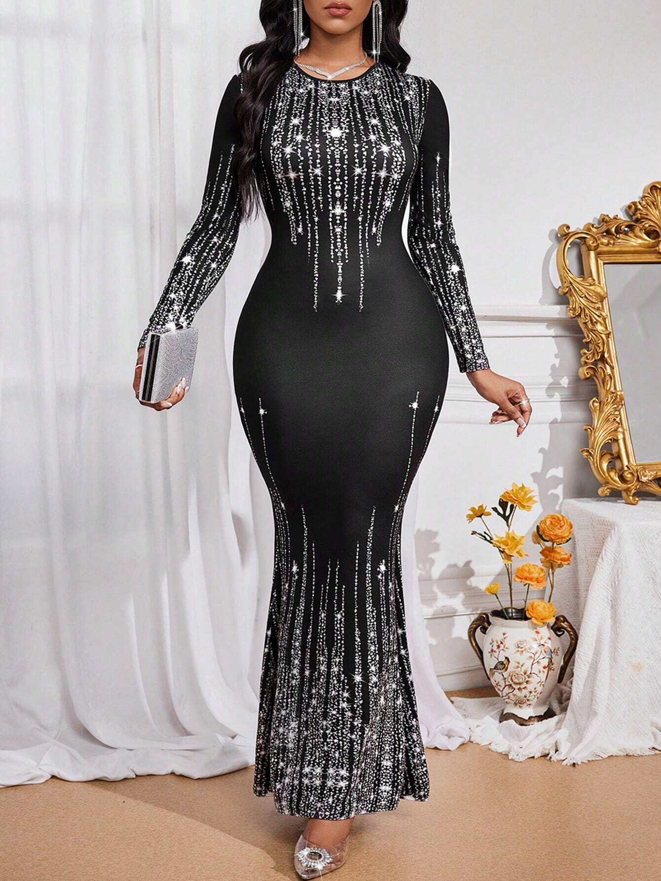 Lady Birthday Party Dresses Wedding Guest Dress Women's Party Wear Black Bottom Sequin Printed Long Dress shein