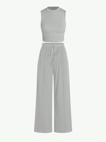 Essnce Summer Casual Solid Color Slim-Fit Ruched Crop Top And Long Pants Set