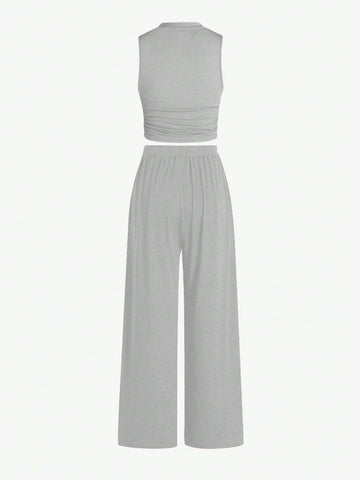 Essnce Summer Casual Solid Color Slim-Fit Ruched Crop Top And Long Pants Set