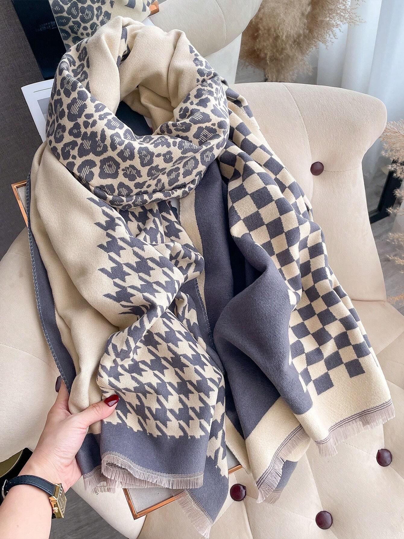 legant 1pc Women's Autumn And Winter Double-Sided Faux Cashmere Patchwork Fashionable All-Match Air Conditioning Shawl Thickened Warm Scarf shein