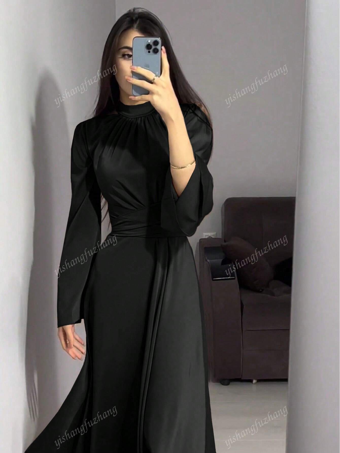 Women Solid Color Round Neck Belted Flare Sleeve Satin Elegant Dress shein