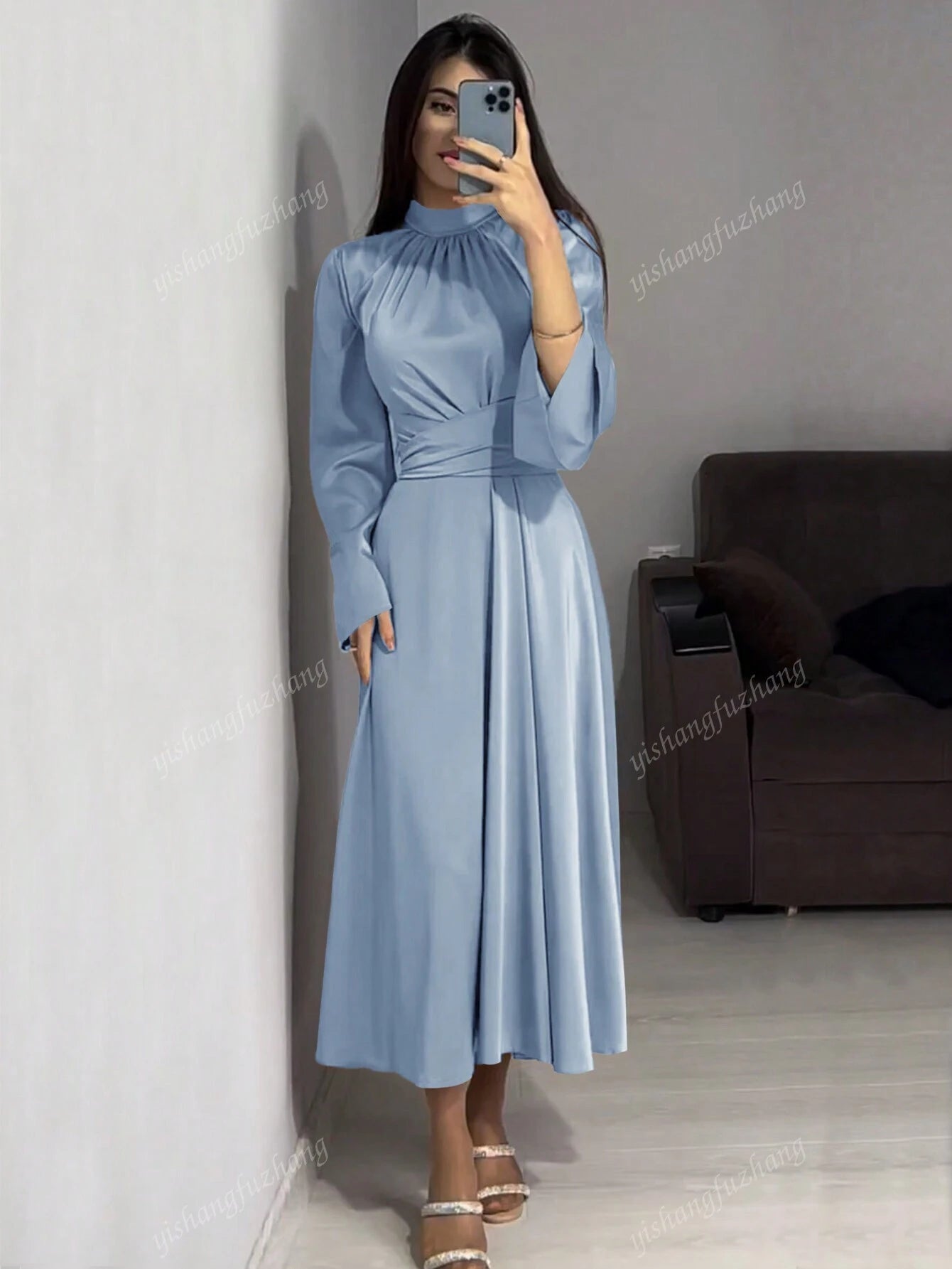 Women Solid Color Round Neck Belted Flare Sleeve Satin Elegant Dress shein