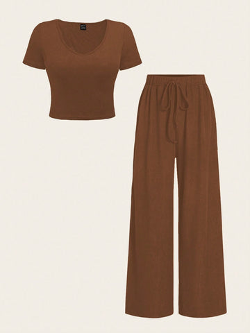 Essnce Summer Plain V-Neck T-Shirt And Wide-Leg Pants Two-Piece Set