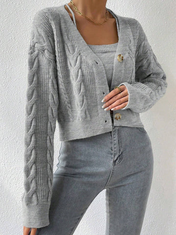 MOOSTA Drop Shoulder Cable Knit Cardigan & Crop Knit Top