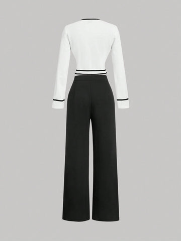 MOD Women's Round Neck Contrast Trim Long Sleeve Top And Straight Leg Casual Pants Suit