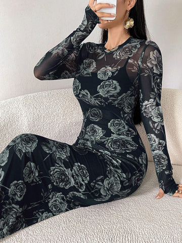 Modely Floral Print Round Neck Bodycon Long Sleeve Dress shein