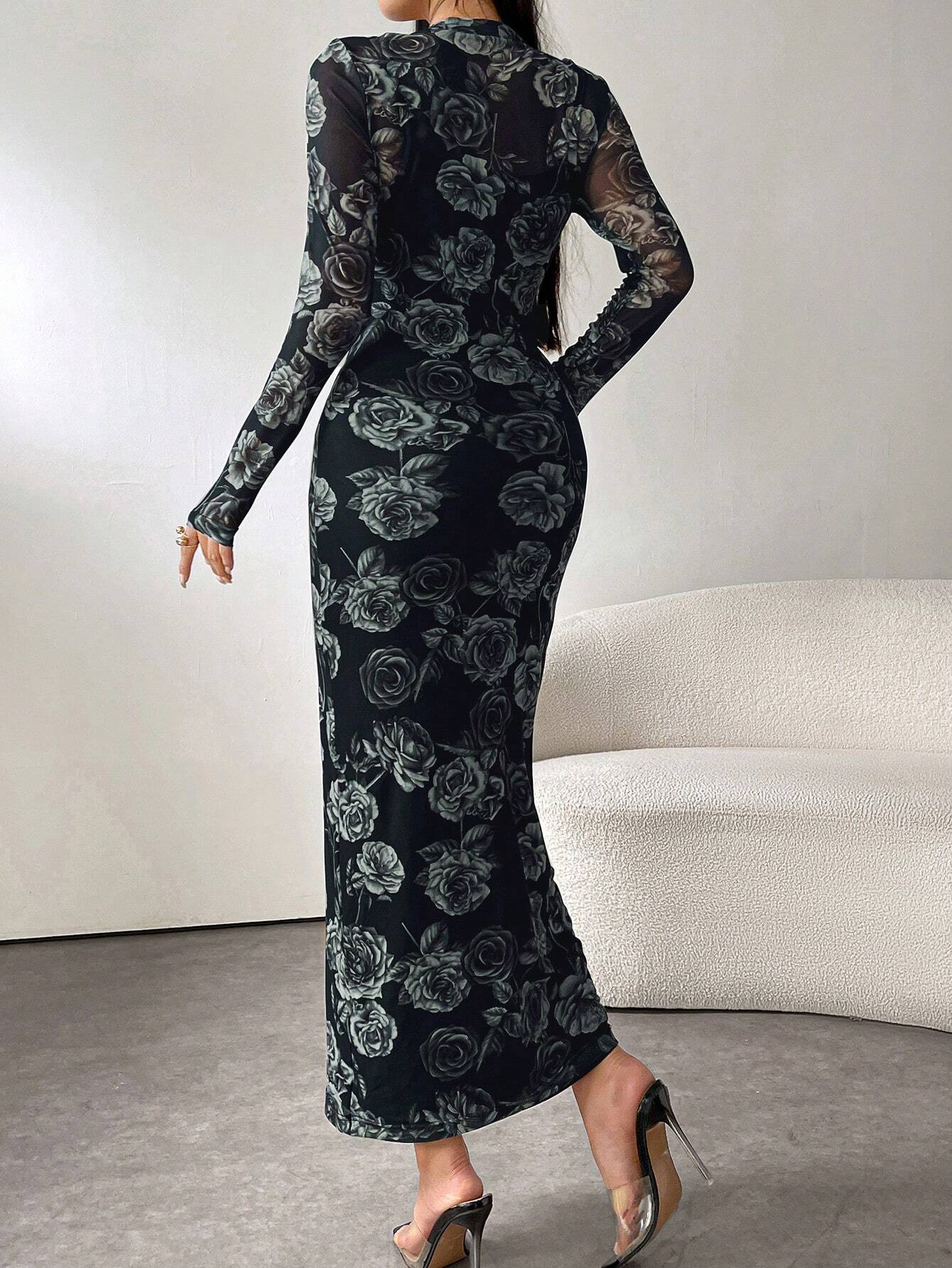 Modely Floral Print Round Neck Bodycon Long Sleeve Dress shein