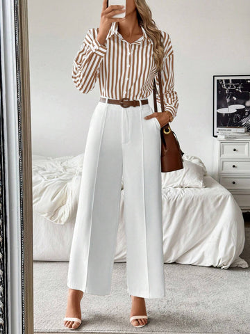 Frenchy Striped Collared Casual Shirt Paired With Straight White Pants shein