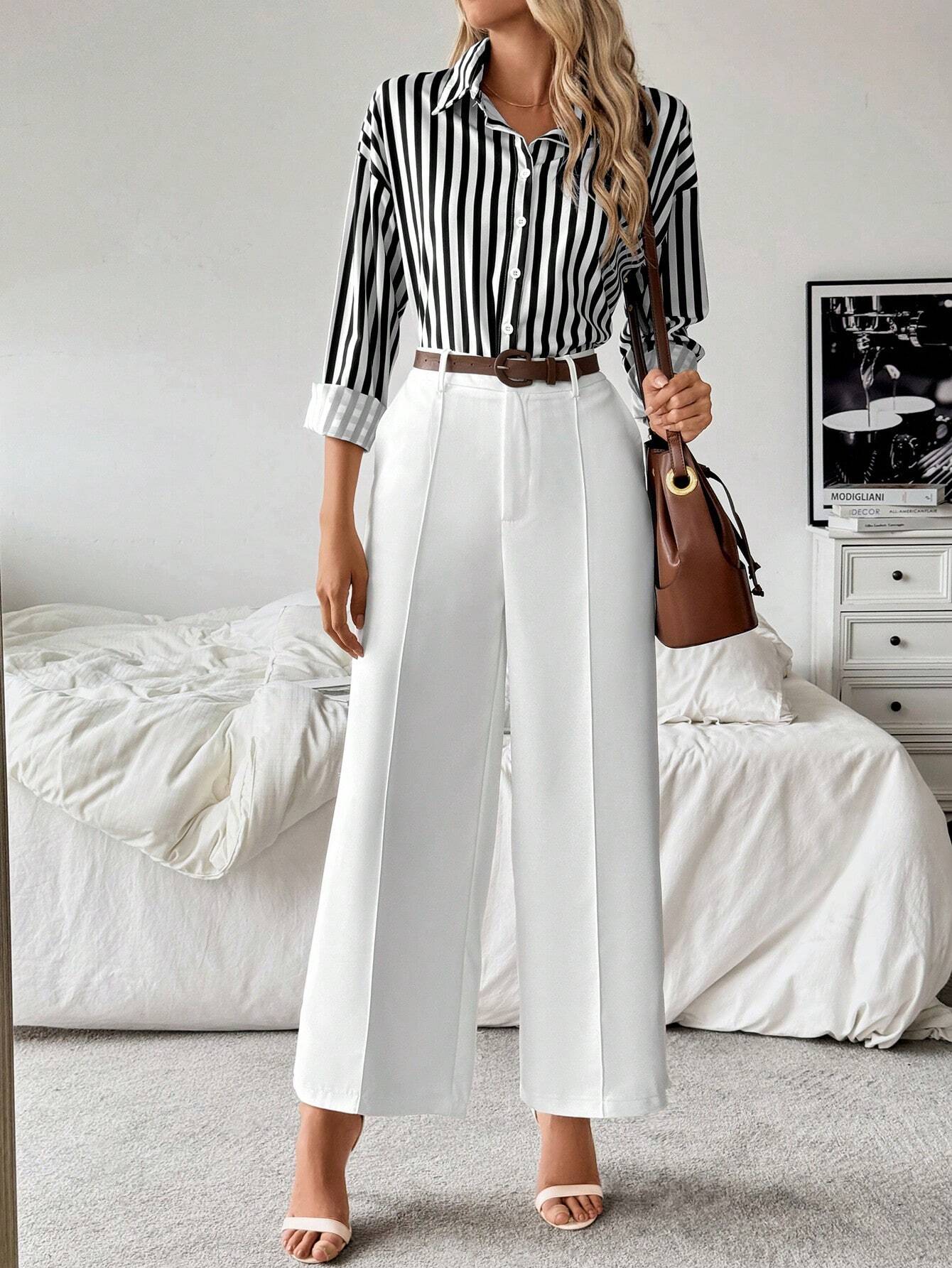 Frenchy Striped Collared Casual Shirt Paired With Straight White Pants shein