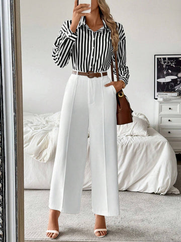 Frenchy Striped Collared Casual Shirt Paired With Straight White Pants shein