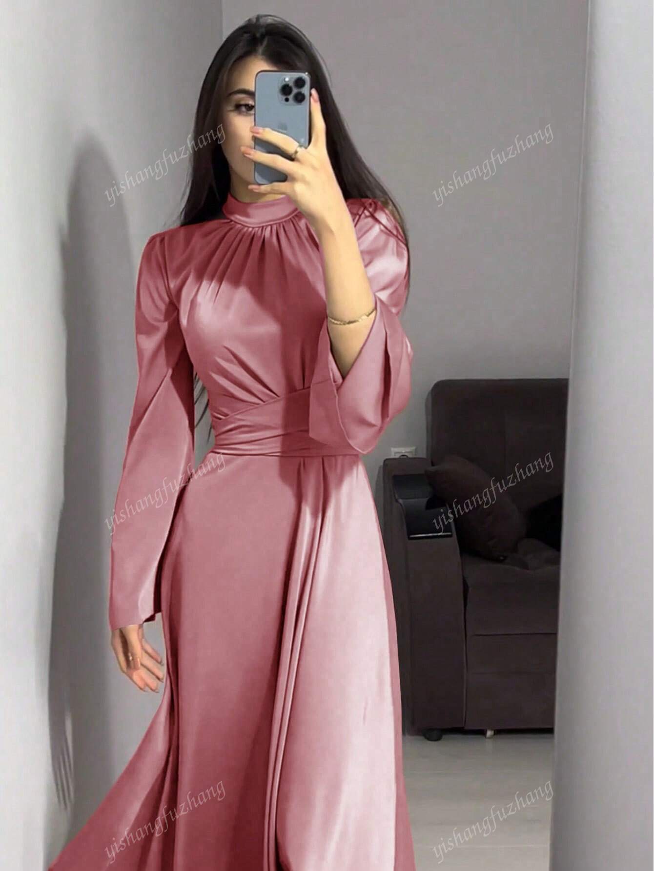 Women Solid Color Round Neck Belted Flare Sleeve Satin Elegant Dress shein