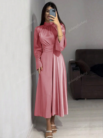 Women Solid Color Round Neck Belted Flare Sleeve Satin Elegant Dress shein