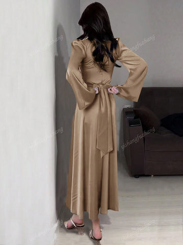 Women Solid Color Round Neck Belted Flare Sleeve Satin Elegant Dress shein