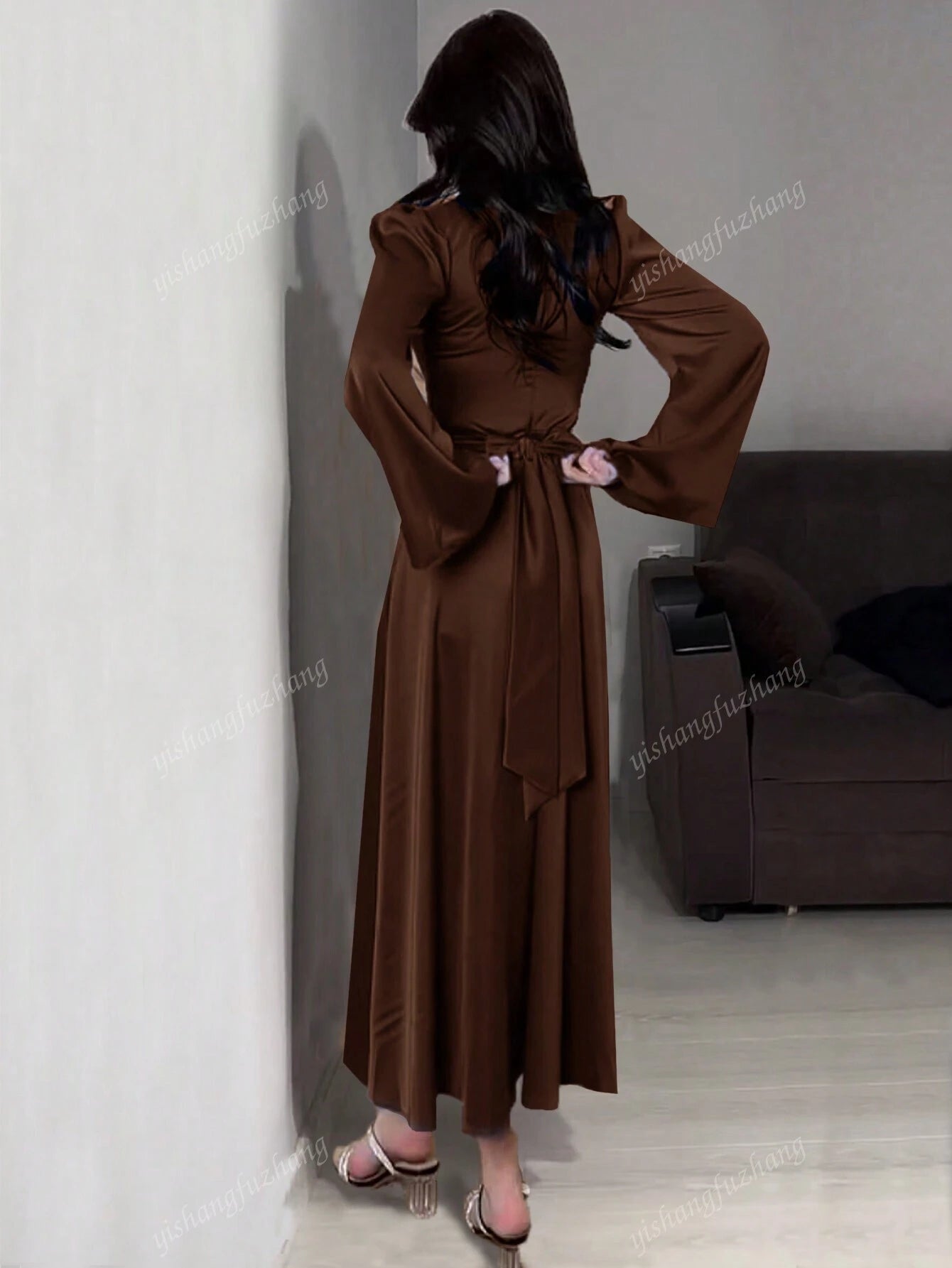 Women Solid Color Round Neck Belted Flare Sleeve Satin Elegant Dress shein