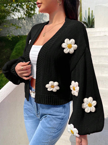 EZwear Long Sleeve Floral Decor Minimalist Cardigan