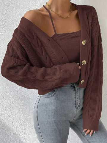 MOOSTA Drop Shoulder Cable Knit Cardigan & Crop Knit Top