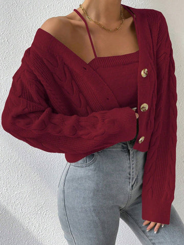 MOOSTA Drop Shoulder Cable Knit Cardigan & Crop Knit Top