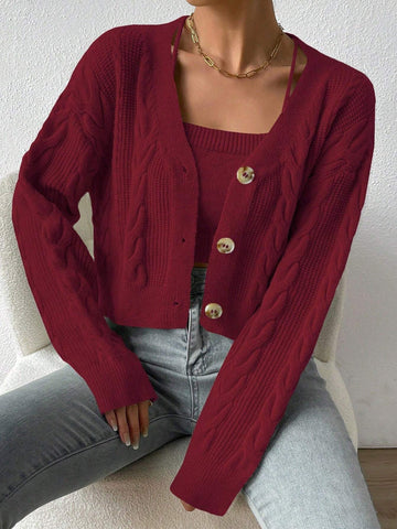 MOOSTA Drop Shoulder Cable Knit Cardigan & Crop Knit Top