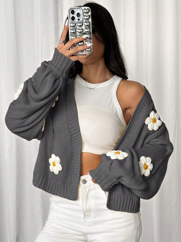 EZwear Long Sleeve Floral Decor Minimalist Cardigan