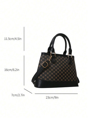 1 Piece Vintage Printed Double Handle Tote Bucket Bag Zipper Opening Shoulder Strap Adjustable Crossbody Bag shein