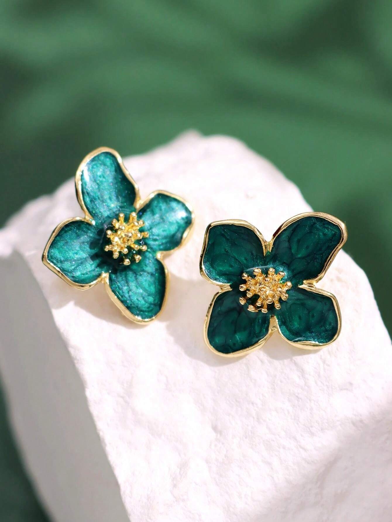 1pair Trendy Needle Luoshen Flower Drop Glaze Flower Earrings shein