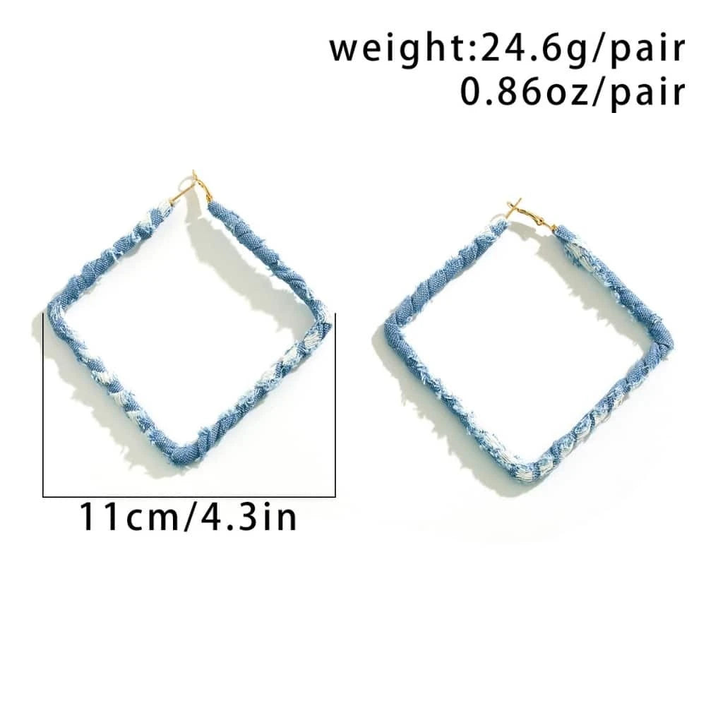 1pair Vintage & Fashionable Exaggerated Denim Print Fabric Wrapped Hoop Earrings shein