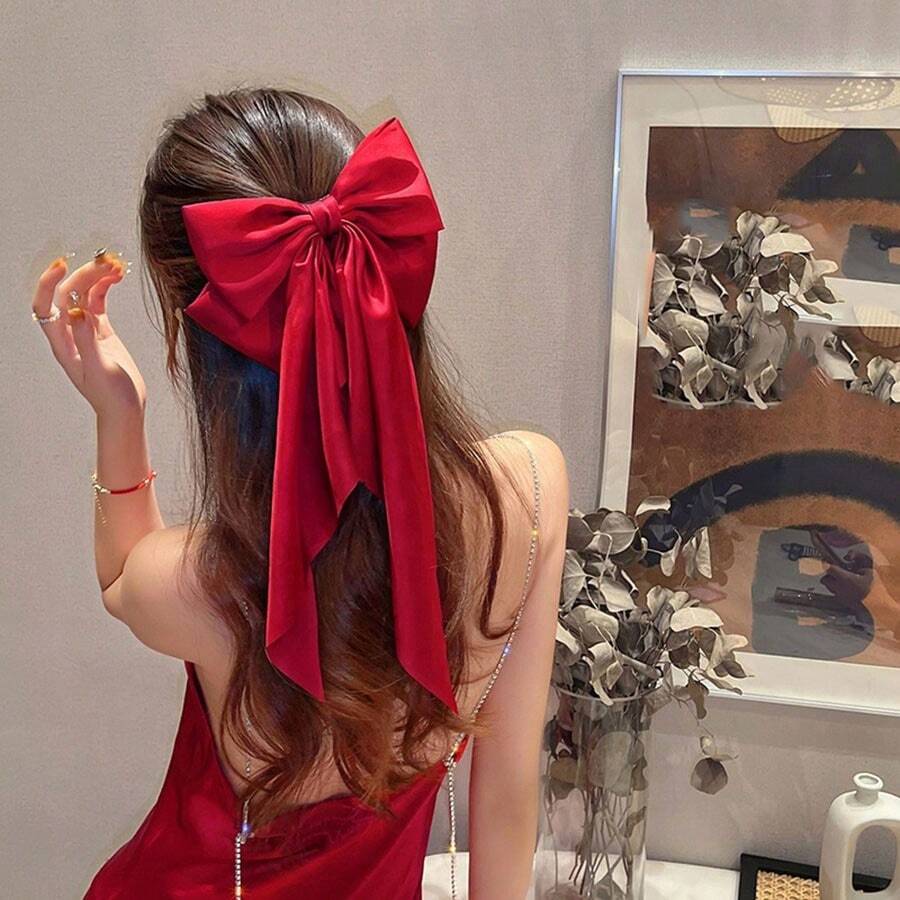 1pc Ladies' Red Bowknot Ribbon & Satin Material Hair Clip With Spring Clip shein