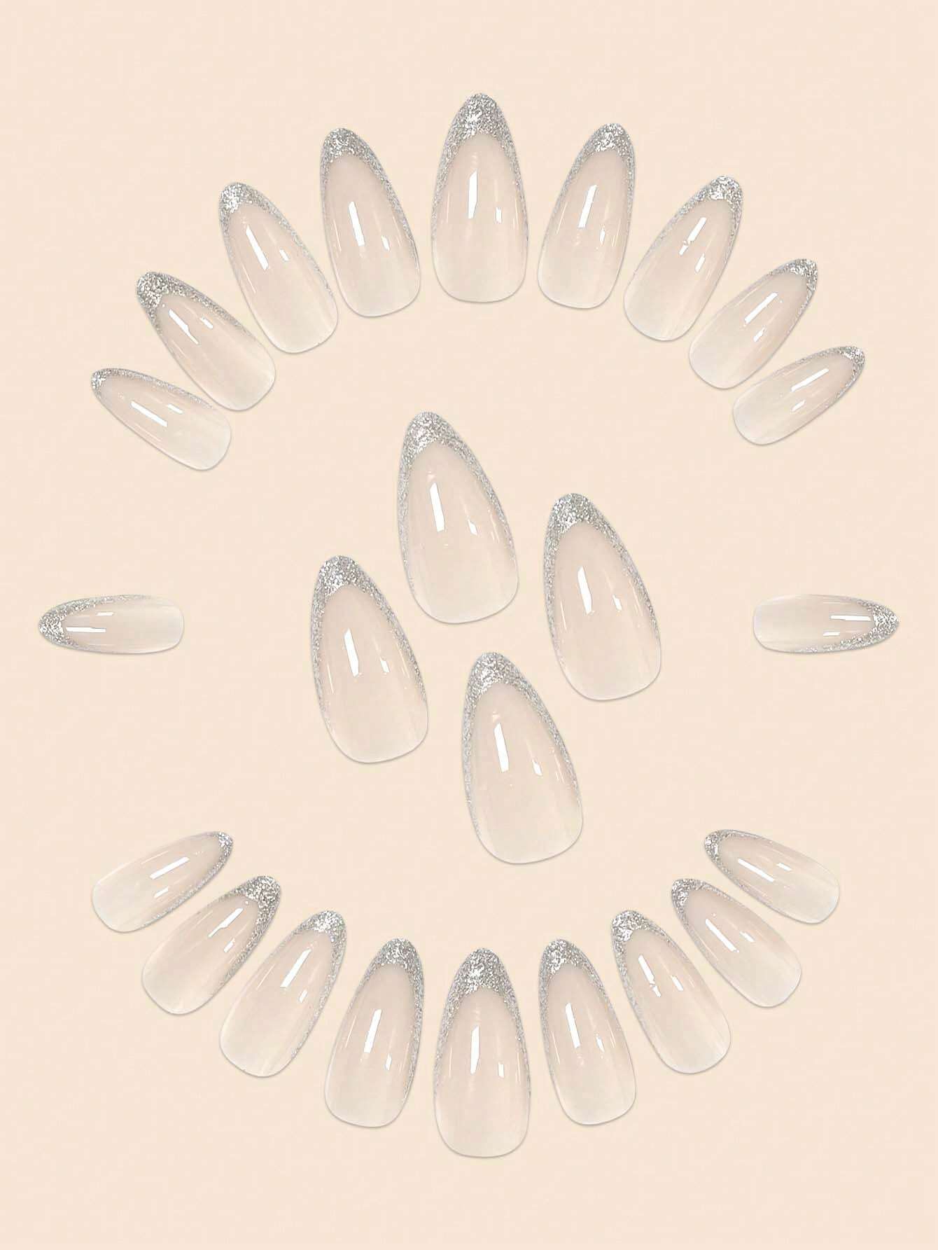 24pcs Almond Shaped False Nail With Silver Glitter French Nail Art Design shein