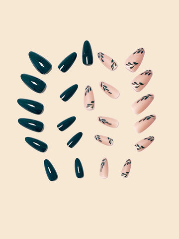 24pcs Almond Shaped False Nail With Silver Glitter French Nail Art Design shein