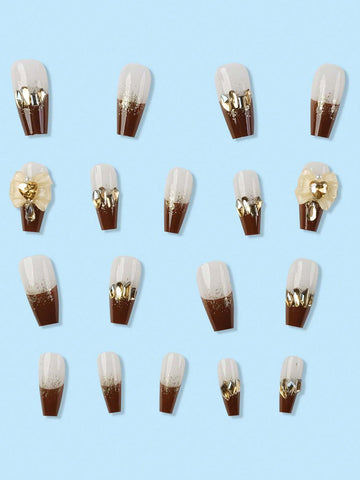 24pcs Coffin Shaped False Nail Tips With Stylish Pearl Decoration shein