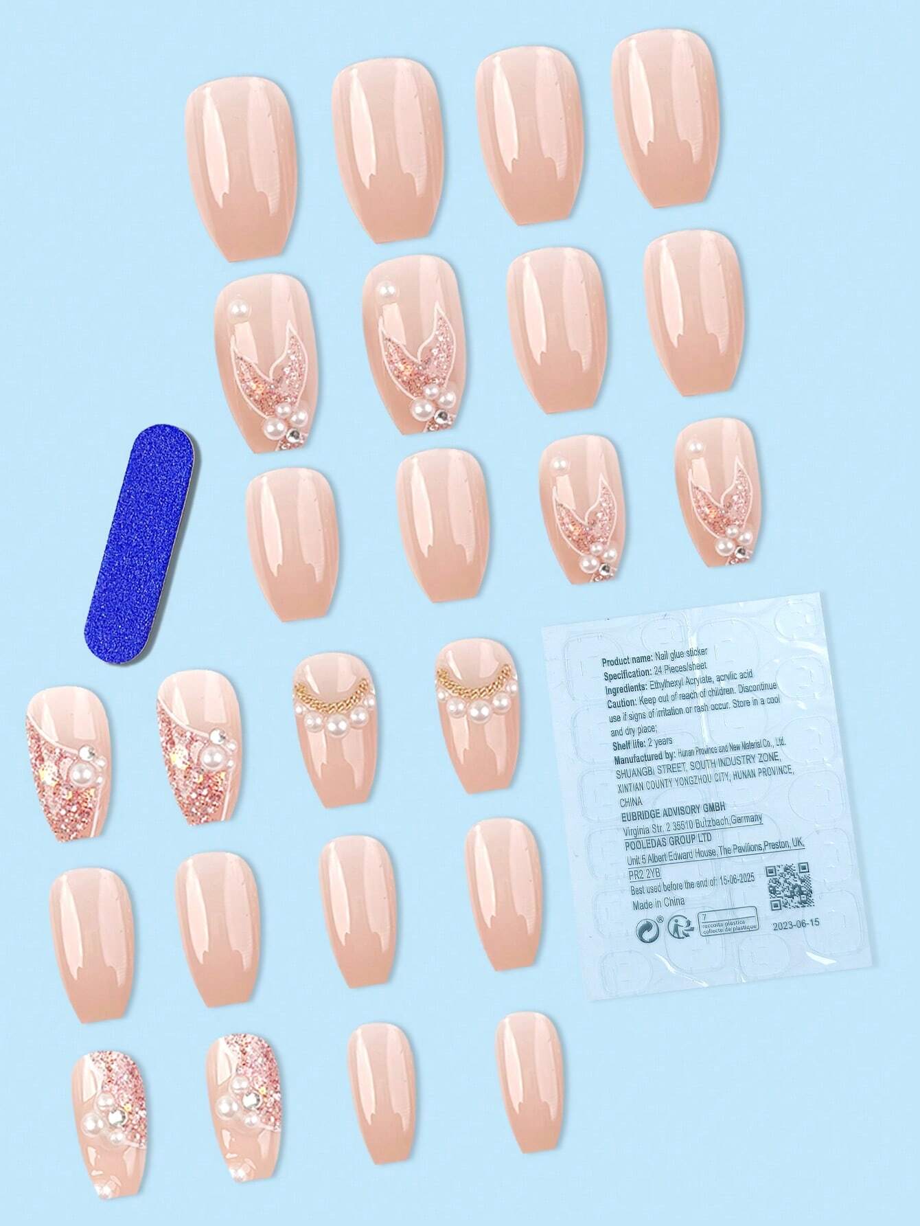 24pcs Coffin Shaped False Nail Tips With Stylish Pearl Decoration shein