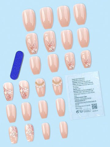 24pcs Coffin Shaped False Nail Tips With Stylish Pearl Decoration shein