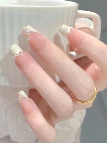 24pcs Coffin Shaped False Nail Tips With Stylish Pearl Decoration shein