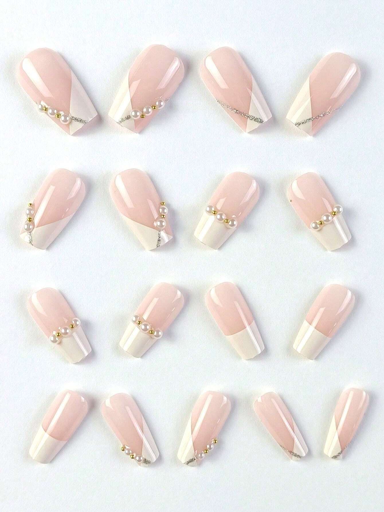 24pcs Coffin Shaped False Nail Tips With Stylish Pearl Decoration shein