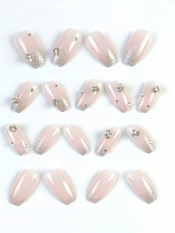 24pcs Coffin Shaped False Nail Tips With Stylish Pearl Decoration shein