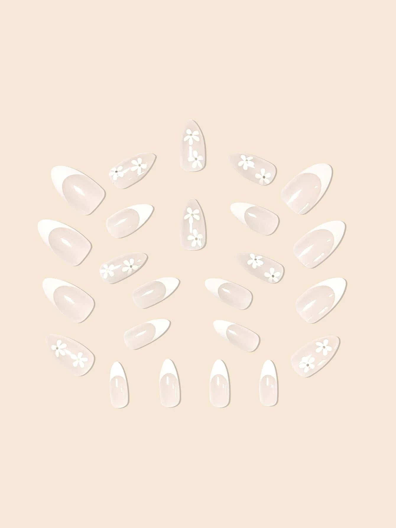 24pcs Waterdrop Shape False Nails, Milky White/Clear + Pointy Almond Shape + Jelly Glue + Nail File shein