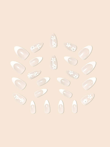 24pcs Waterdrop Shape False Nails, Milky White/Clear + Pointy Almond Shape + Jelly Glue + Nail File shein