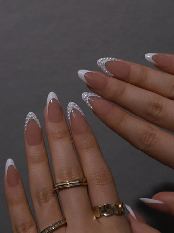 24pcs set Long Stiletto Shaped False Nails With Small Pearls & White Edge French Design shein