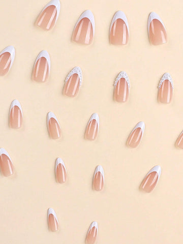 24pcs set Long Stiletto Shaped False Nails With Small Pearls & White Edge French Design shein