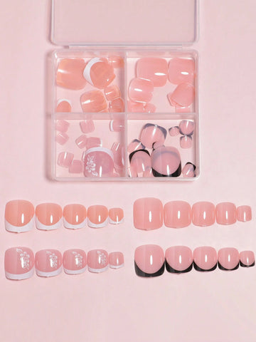 96pcs Short Square Press On Toenails With Re-Usable Storage Box shein