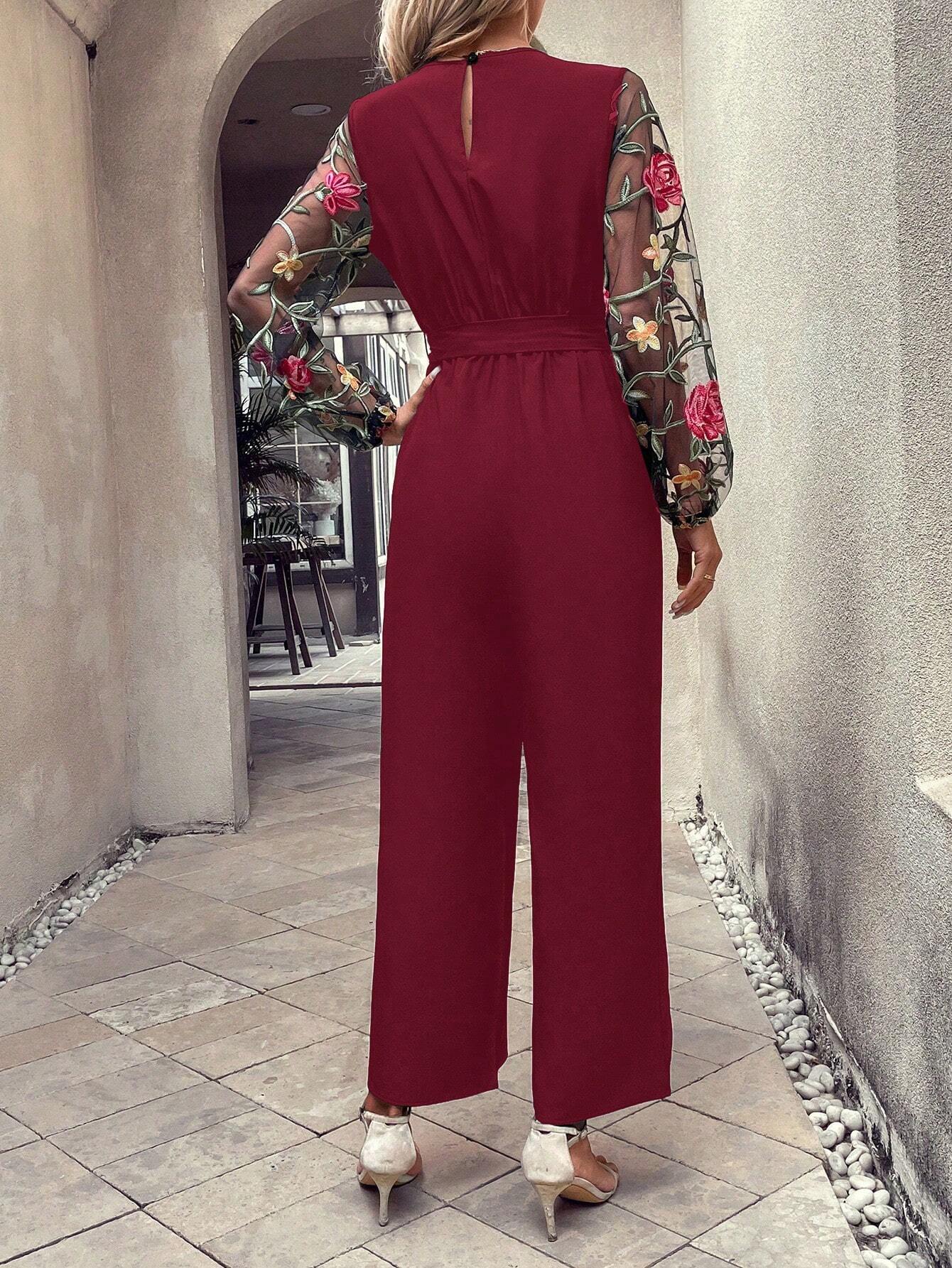 Clasi Women's Floral Embroidered Long Sleeve Mesh Jumpsuit With Wide Leg shein