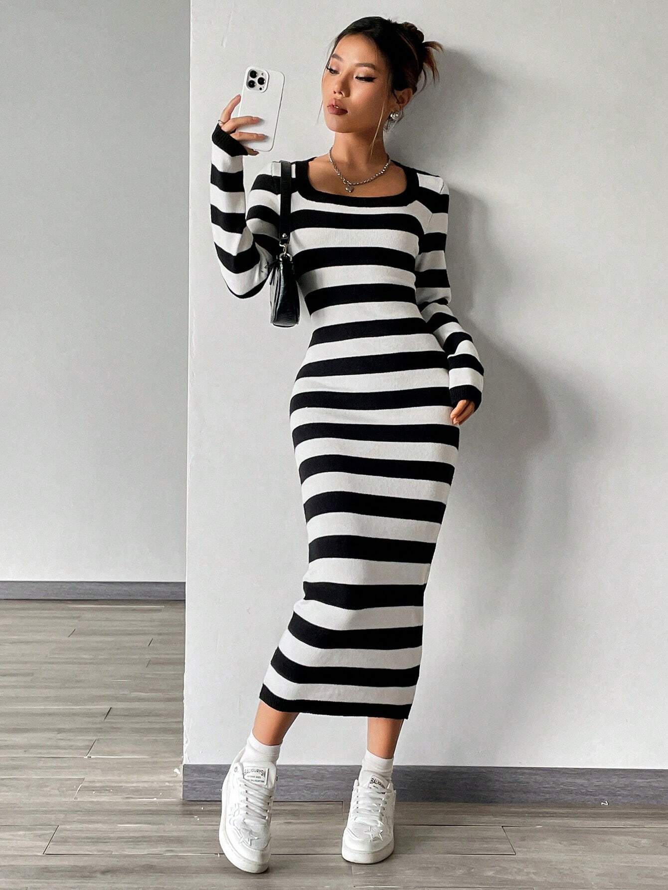 EZwear Striped Pattern Scoop Neck Bodycon Sweater Dress shein