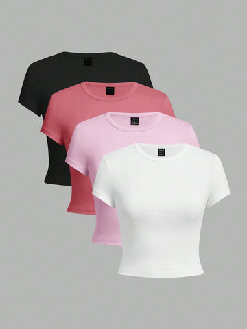 EZwear Women's Casual Solid Color Short Crop Tight-Fitting T-Shirt 4pcs Set shein